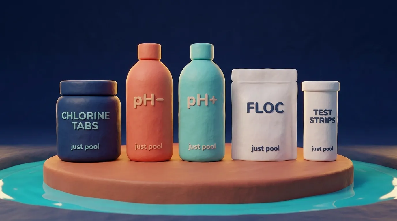 Clay-Illustration: eine Reihe eigener justpool.ai-Poolchemie-Produkte