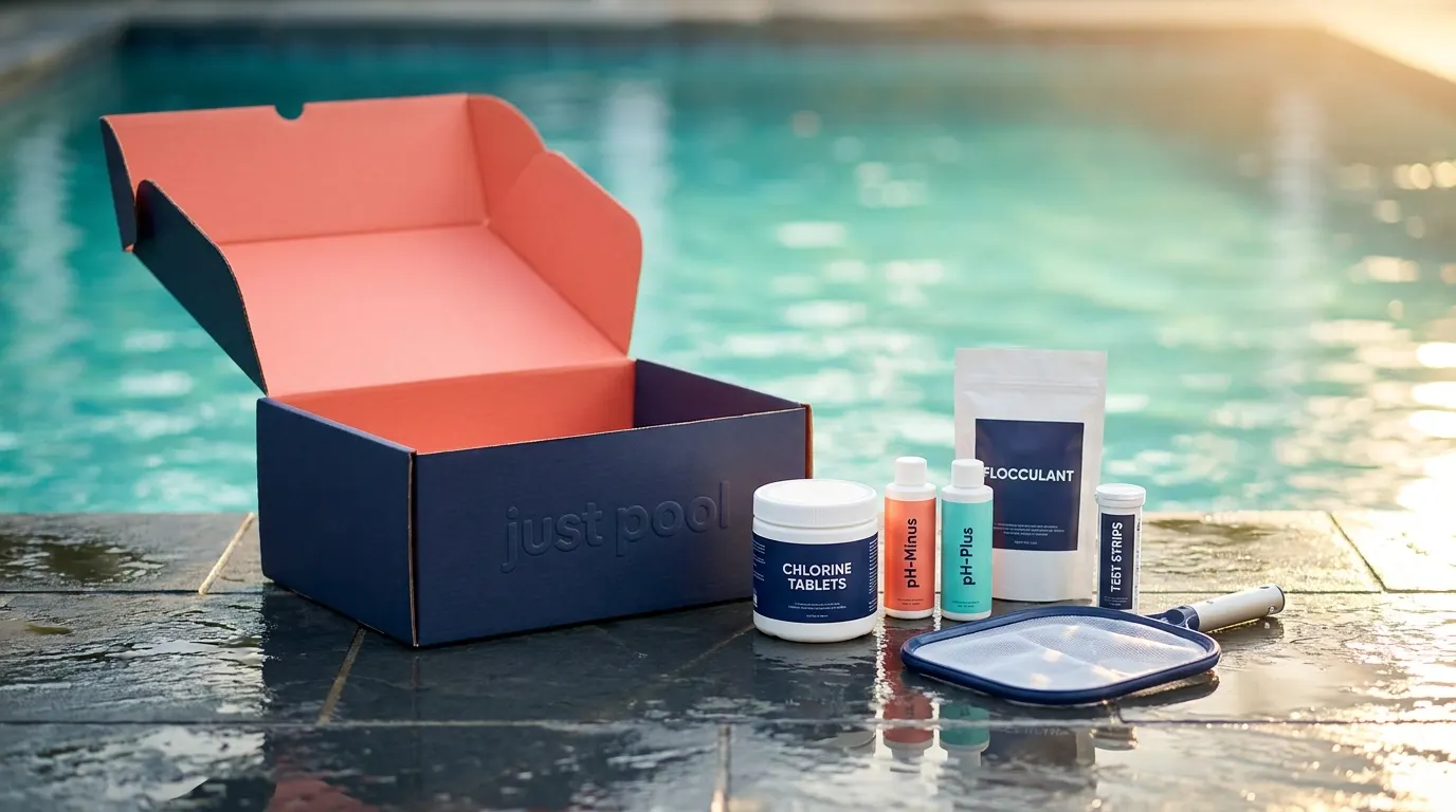 Geöffnete justpool.ai Abo-Box mit Chlortabs, pH-Regulierern, Flockmittel, Kescher und Teststreifen am Poolrand
