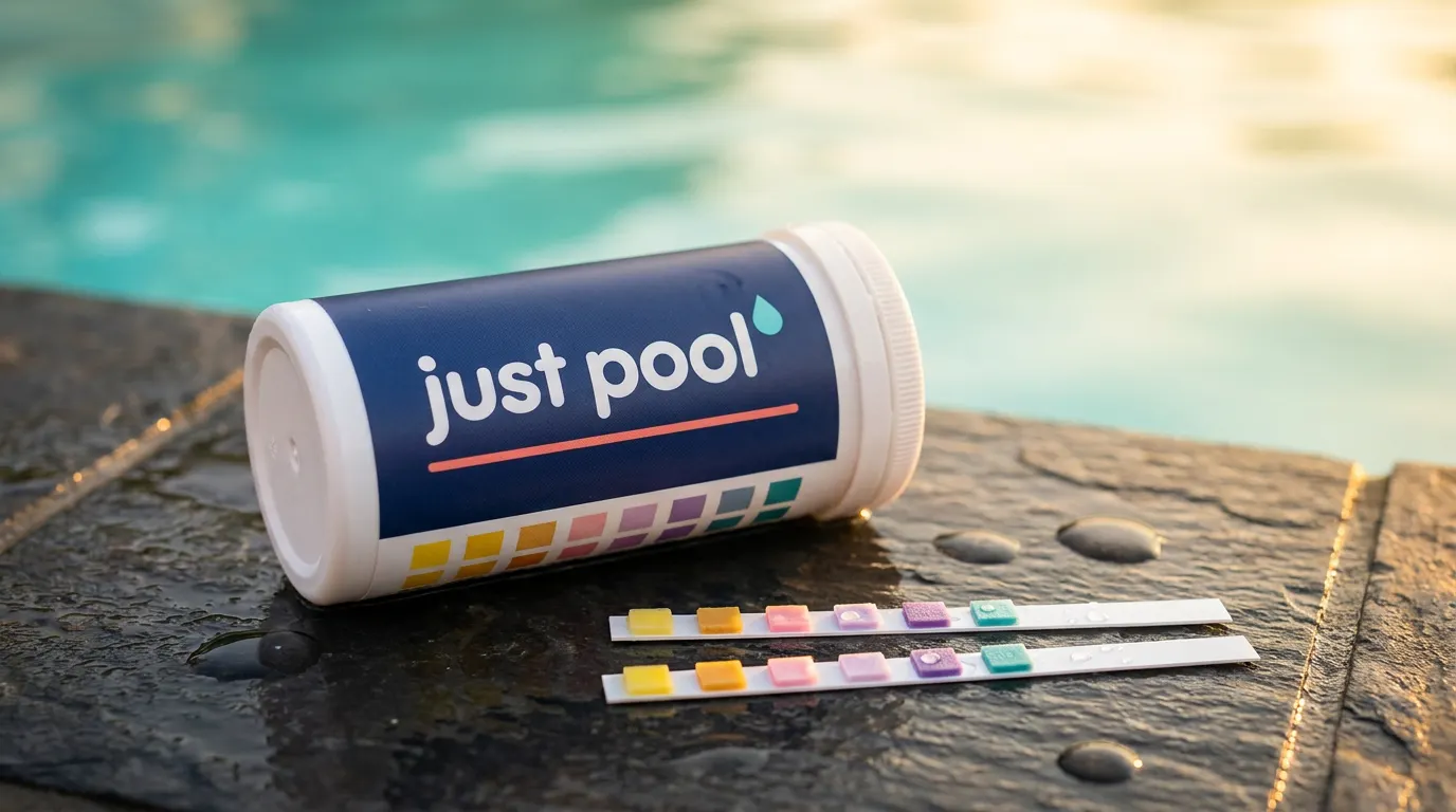 justpool.ai Teststreifen-Dose mit zwei Multiparameter-Teststreifen am Poolrand